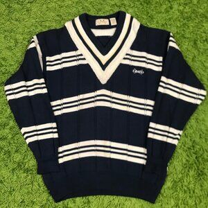 Vintage Izod Golf Striped Vneck Knit Sweater Navy White Color